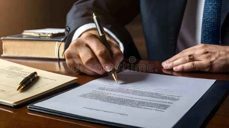 signing contract legal document close up shot captures professional suit pen scene set wooden desk stack 395729687